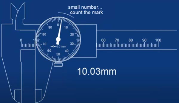 مثال چهارم نحوه خواندن کولیس‌های ساعتی (عقربه‌ای)، 0.01 میلیمتر